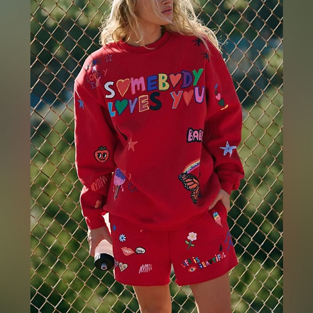 Somebody Loves You Sweat Shorts in Cherry Red - Picture 3 of 7